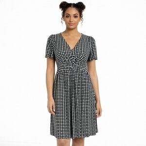 USA Vtg STUDIO M Size XS Black Cream Twist Front Puff Sleeve Fit and Flare Dress